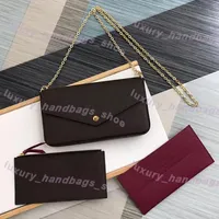 three piece suit Wallets Brown letter flower Genuine Leather Fashion Chain Shoulder Bags Handbag Mini Card Holder Purse223g
