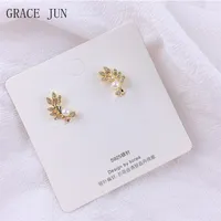 Backs Earrings GRACE JUN Korean Style Leaf Clip On For Women Girl High Quality Rhinestone Pearl Gold Color Fake Piercing Cuff