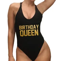Sexy High Cut Swimsuit Mujeres Cumplea￱os Queen Gold Impresi￳n de ba￱o One Piece Push Up Monokini Traje de ba￱o Bodysuit Beachwear Y219B