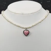 Charker simples minimalista de colar de pérolas reais coração rosa padrão retrô jóias diárias cadeia de suéter elegante para mulheres