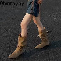 Boots Cowboy Women Long Suede Ladies Zipper Knight Square Heel Fashion Winter Folds High Kneehigh 220908