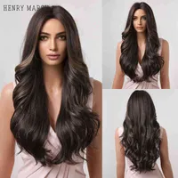 Lace Wigs HENRY MARGU Ombre Brown Black Synthetic Natural Long Wave Middle Part Hair for Women Cosplay Heat Resistant Wig 0908