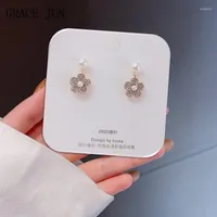 Backs Earrings GRACE JUN Korea Style Rhinestone Faux Pearl Flower Shape Clip On No Pierced Luxury Fashion Jewelry Cuff