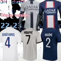 플레이어 버전 Hakimi Maillot de Foot 22 23 Soccer Jersey 2022 2023 MBAPPE PSGS 셔츠 남성 어린이 Hommes Enfants Verratti Marquinhos Kimpembe 네 번째 스타 특별 Ramos