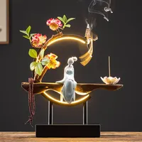 Lampes à parfum Céramiques dames fleur cascade Backflow Encens Burner avec LED Light Bouddha Zen Consieurs de salon décor du support de bâton 293Z