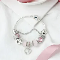Wholesa New Pink Charm Bracelet 925 Silver Bracelet Charm Heart Beads Bird Pendant Diy Jewelry Fit for Christmas and Valentine286W