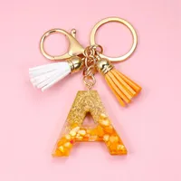 Keychains Tassel Gold Foil A-Z 26 Letter Pendent Keychain for Women Orange Harts Keyrings Girls Bag Ornamant Accessories Charms Gifts