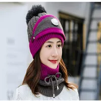 Winter Hat&Scarf&Mask Set For Women Girls Warm Beanies Breathe Scarf Pompoms Knitted Caps And Scarf Mask348C
