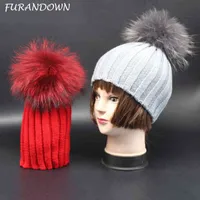 Caps Hats Furandown Musim Dingin Anak Beanie Rajutan Topi untuk Bayi Warna Dicelup Bulu Alami Pom Perempuan Laki-laki T220907