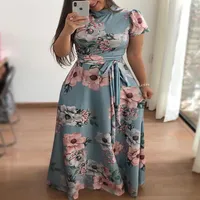 FebruariFrost Summer Boho Floral Print Long Dress Kort ￤rm Tunika Maxi Dress Women Fashion Evening Party Dress310u