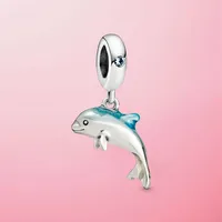 925 Sterling Silver Shimmering Dolphin Dangle Charm Bead Fit Original Pandora Bracelet Necklace 2021 Arrival Jewelry3271