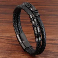 Charm Bracelets Fashion Multilayer Leather Bracelet For Men Jewelry Punk Stainless Steel Bangle Magnetic Buckle Black Color234M