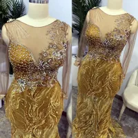 2022 árabe aso ebi oro sirena vestidos de baile de graduación de lentejuelas de encaje sexy de la segunda noche de recepción de la segunda recepción de los vestidos de compromiso de cumpleaños ZJ622