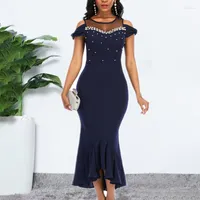 Casual Dresses Sexy Women Off Shoulder Dress Bodycon Mesh Beaded O Neck High Fashion Elegance Navy Blue Plus Size Party Dinner Night