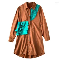 Blusas femininas ihobby mulheres contrastantes costura de cor de babados camisa de colar de gola virada de manga longa Moda de primavera outono