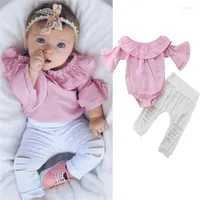 Juegos de ropa Sunsiom Baby Girl Clothing Rosa rosa a rayas de hombro Ruffles Top de pantalones rasgados blancos 0-18m