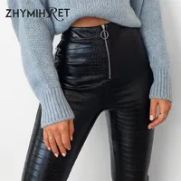 Zhymihret 2020 Spring Zipper Mod￨le avant PU Pantalon de crayon en cuir skinny Femmes Femmes hautes Pantalones 249E
