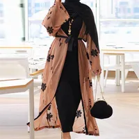 Mousseline de Duba￯ Abaya Kimono Islam Muslim Hijab Robe Abayas pour femmes Kaftan Caftan Marocain Turkish Islamic Clothing Robe Coat248V