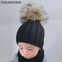 Caps Hats Furandown 2019 Fashion Baru Musim Dingin Hitam Topi untuk Anak Katun Rajutan Bayi Topi 15 Cm Bulu Pompom Beanies Topi untuk anak-anak T220907