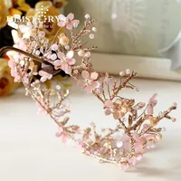 Himstory Handmade Sweet Pink Round Flower Tiara Crowns Branch Bridal Wedding Diadema Hair Tiaras Decoration Accessories Y200807316W