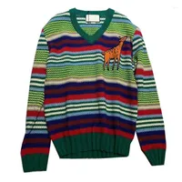 Женские свитера, возможно, u радужный полосатый свитер вязаный V-образный вырез с длинным рукавом жираф-вышивка свободной осень M0221