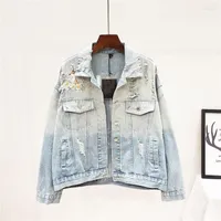 Women's Jackets Women's Tops Women Autumn Embroidery Beading Distressed Denim Jacket Female Loose Fit Short Retro Printed Lapel Casual
