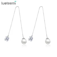 Dangle & Chandelier LUOTEEMI Brand Trendy Drop Earrings Double Side Shining CZ With Simulated Pearl Jewelry Ear Wire Long Chain Br251H