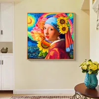 Funny Girl with Pearl Earrings Starry Sky Sunflowers Posters and Prints Canvas Paintings Wall Art Pictures for Living Room Home Decor