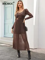 الفساتين غير الرسمية BKMGC القهوة بني مثير شيفون شيفون شيفز طويل الأكمام مغرفة أنيقة الخريف عالية الخصر فستان ماكسي للنساء 220912