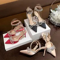 2021Luxury Mach womens Dress Shoes Bow Crystal decorative Sandals 60 Silk Satin Women shoes Wedding Party High Heels Stiletto Heel sweet