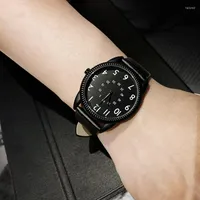 손목 시계 2022 ENMEX 창조적 인 스타일 가죽 밴드 손목 시계 간단한 디지털 블랙 페이스 특수 디자인 짧은 캐주얼 쿼츠 시계