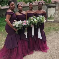 2023 Burgundy Bridesmaid Dresses One Shoulder Straps Floor Length Satin Mermaid Tulle Custom Made Plus Size Maid of Honor Gown Country Wedding Wear