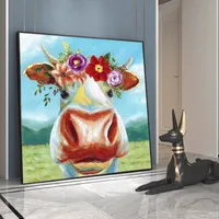 Cartoon Animal Tela che dipinge mucca con poster di ghirlanda e stampe immagini artistiche da parete fiorite colorate per decorazioni per la casa senza cornice