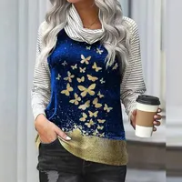 Kvinnors hoodies mode fjäril tryckt lapptäckblusskjortor Kvinnor Autumn Turtleneck randig långärmad Pullover Winter Elegant Office