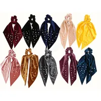Fashion Solid Color Scrunchies Pearl Bow Hair Ribbon for Women Girls Ponytail Healwear Accesorios para el cabello Velvet Banda para el cabello elástico