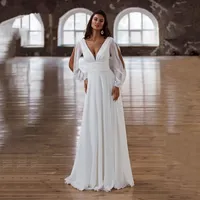 Simple White Evening Dress Long Sleeve V Neck Chiffon Beach Prom Party Dress Bridal Gowns Vestido de casamento