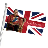 ユニオンジャックフラッグキングチャールズ3ランド私たちの新しい王が旗を掲げる90x150cmの長いライブ2つの真鍮のグロメットとキングお土産の旗