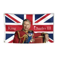 ユニオンジャックフラッグキングチャールズ3ランド私たちの新しい王は旗90x150cmの長いライブで、真鍮のグロメットとキングお土産の旗