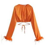 Camiseta de la mujer blusas naranjas mangas largas con plumas y2k ropa elegante dama camiseta cintura top tops tops sexy manga tamishs fiestas 220912