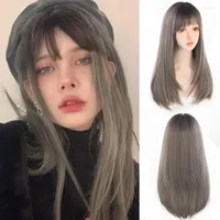 Synthetic Wigs HOUYAN Long Straight Hair Wig Girl&#39;s Head Dyed Black And Gray Lolita Cosplay Natural Heat-resistant Party
