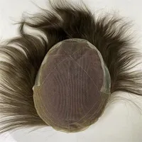 Q6 Base de color marr￳n claro #4 Silky recta china Virgen Remy Piece de cabello humano encaje con pu toupee para hombre