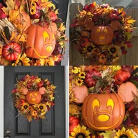 Decora￧￣o de Halloween Fall Pumpkin Greath para a porta da frente com ab￳boras de bordos artificiais de girassol Autumns colheita Decora￧￣o de f￩rias 1983 E3