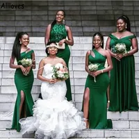 Dark Green African Mermaid Bridesmaid Dresses Elegant Satin One Shoulder Split Sexy Maid Of Honor Gowns Long Aso Ebi Formal Evening Wedding Guest Prom Dress CL1121
