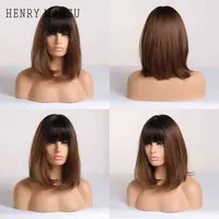Lace Wigs HENRY MARGU Short Straight Bob Synthetic with Bangs Dark Brown Natural Hair for Women Daily Cosplay Party Heat Resistant 0913