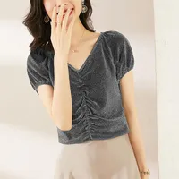 Women's T Shirts Fashion Bright Silk T-shirt Women's Summer Short Sleeve Half Flash Pleated Yarn Design