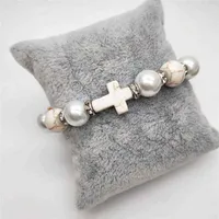 Perles de prière Imitation perles turquoises Bracelets pour femmes Jésus croix charms élasticité Bracelet Men Bijoux 238i