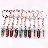 Natural Stone Hexagonal Column 7 color Chakra Keychain For Women Crystal Pink Quartz Key Rings Bag Car Jewelry Party Friends Gift