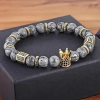 Strand tyo mode kvinnlig man tiger ￶ga/lava/gr￥ vit marmor/matt svarta glasp￤rlor elastiska armband med CZ Royal Crown Charms