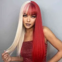 Lace Wigs ALAN EATON Long Straight Synthetic with Bangs Half Red White Wig for Women Cosplay Lolita Hair Heat Resistant Fiber 0913