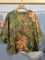 여자 T 셔츠 여성 여성 가죽 실크 뽕나무 향기로운 구름 원사 무거운 새틴 인쇄 인버팅 슬리브 상단 버튼 셔츠 티셔츠